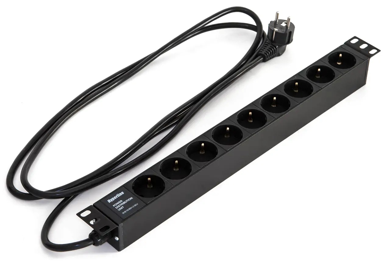 Блок розеток SHE19-9SH-2.5IEC для 19" шкафов, горизонт., 9 розеток Schuko, 10A, кабель 2.5м, черный Hyperline